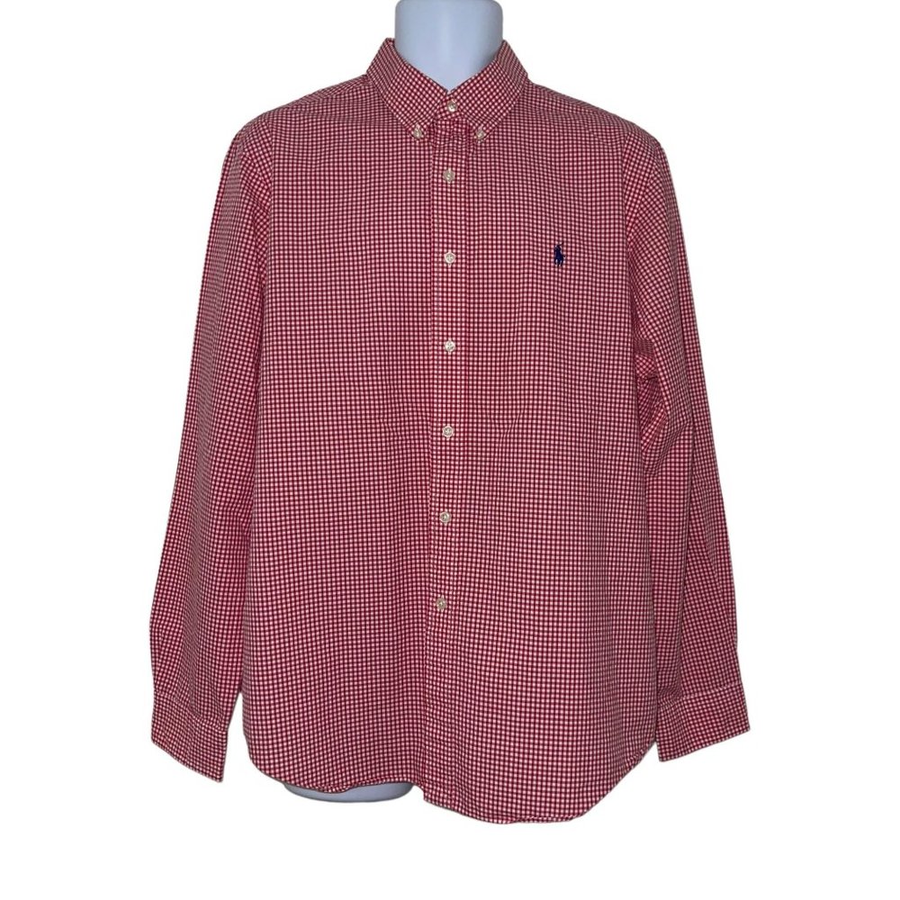 Ralph Lauren Gingham Red Dress Shirt Mens XL 17 Embroidered Pony Button Front